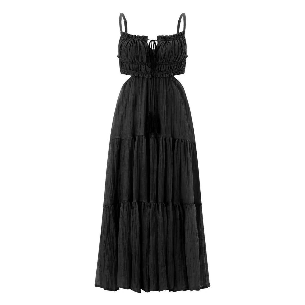 2024 Summer Women Flowy Long Dress Spaghetti Strap Cut Out Backless Ruffle A-Line Dress Bohemian Party Holiday Casual Sundress