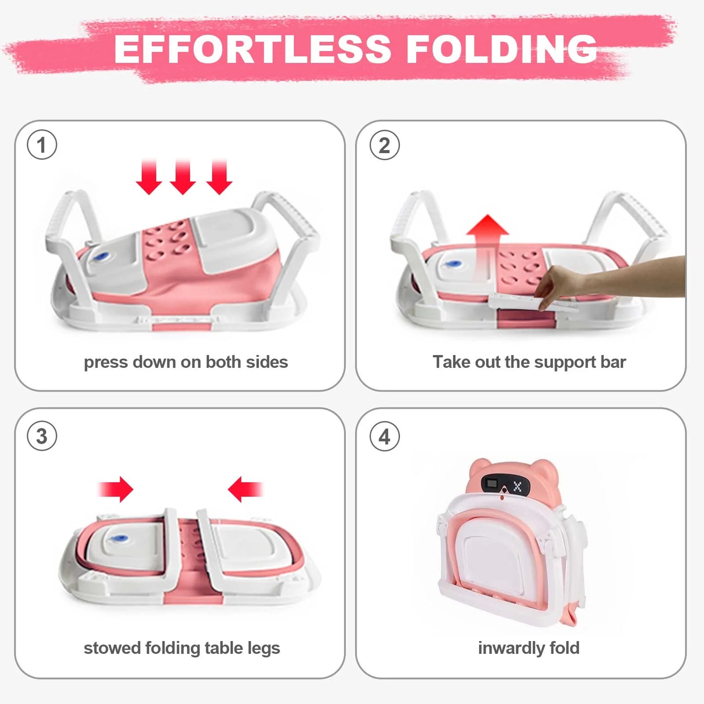 Collapsible Baby Bathtub, Plastic Baby Bath Tub with Soft Cushion & Thermometer(Pink)