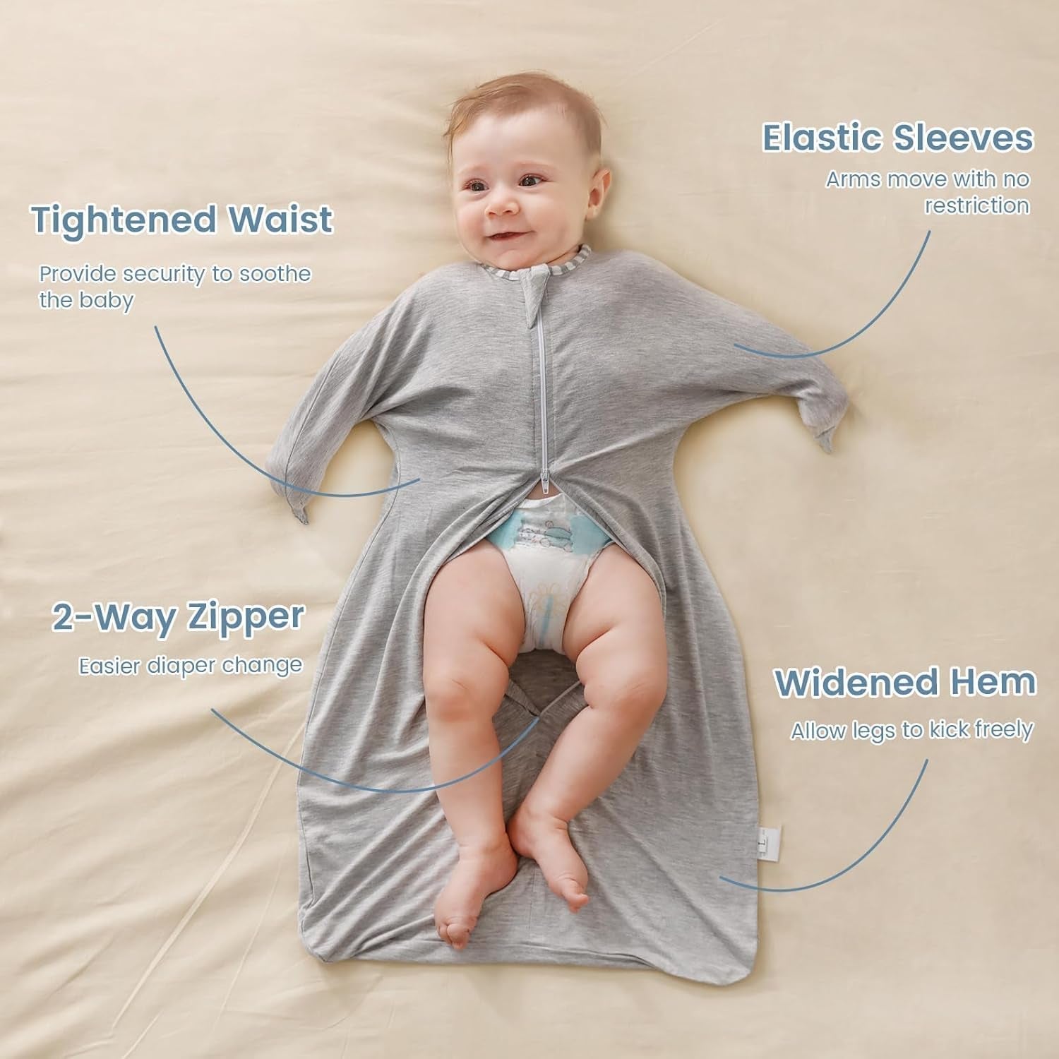 Shark-Fin Transition Swaddle - 0.5 Tog Rayon Made from Bamboo Sleep Sack Transitional Swaddle Sack Baby Wearable Blanket with 2-Way Zipper, Hemp Grey, 3-6 Months