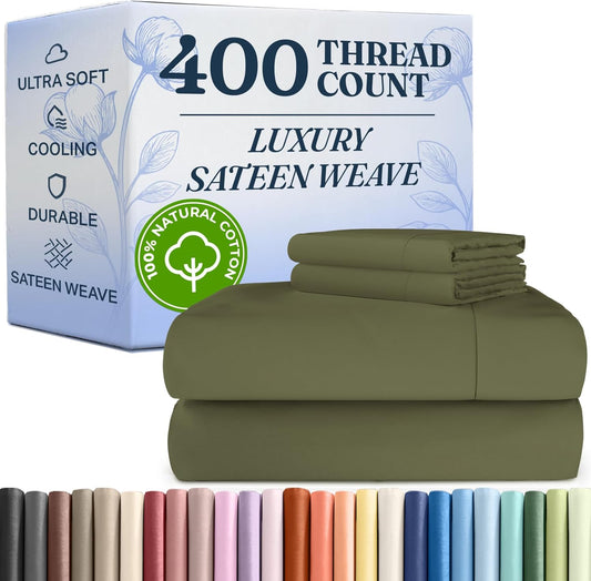 400 Thread Count Cotton Sheet Set - Cal King Size 100% Cotton Sheets - Easily Fits 8" to 16" Mattress - Silky-Soft, Wrinkle Free & Comfortable - Deep Pockets & Hotel Quality Bedding Set - Sage Green