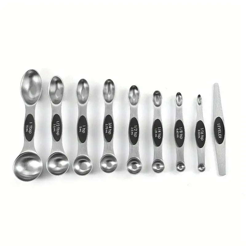 1 Set of High-Quality Stainless Steel Measuring Spoons, Including 8 Double-Sided Magnetic Measuring Spoons and 1 Level, for Dryi