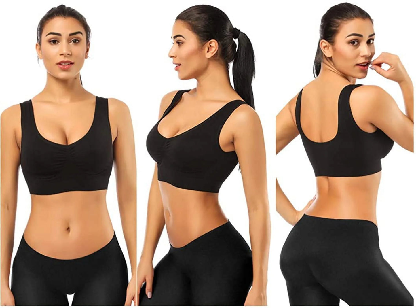 3 Pack Sports Bras for Women,Seamless Comfortable Bras Set with Removable Pads for Sleep,Pull on Closure,Black,L