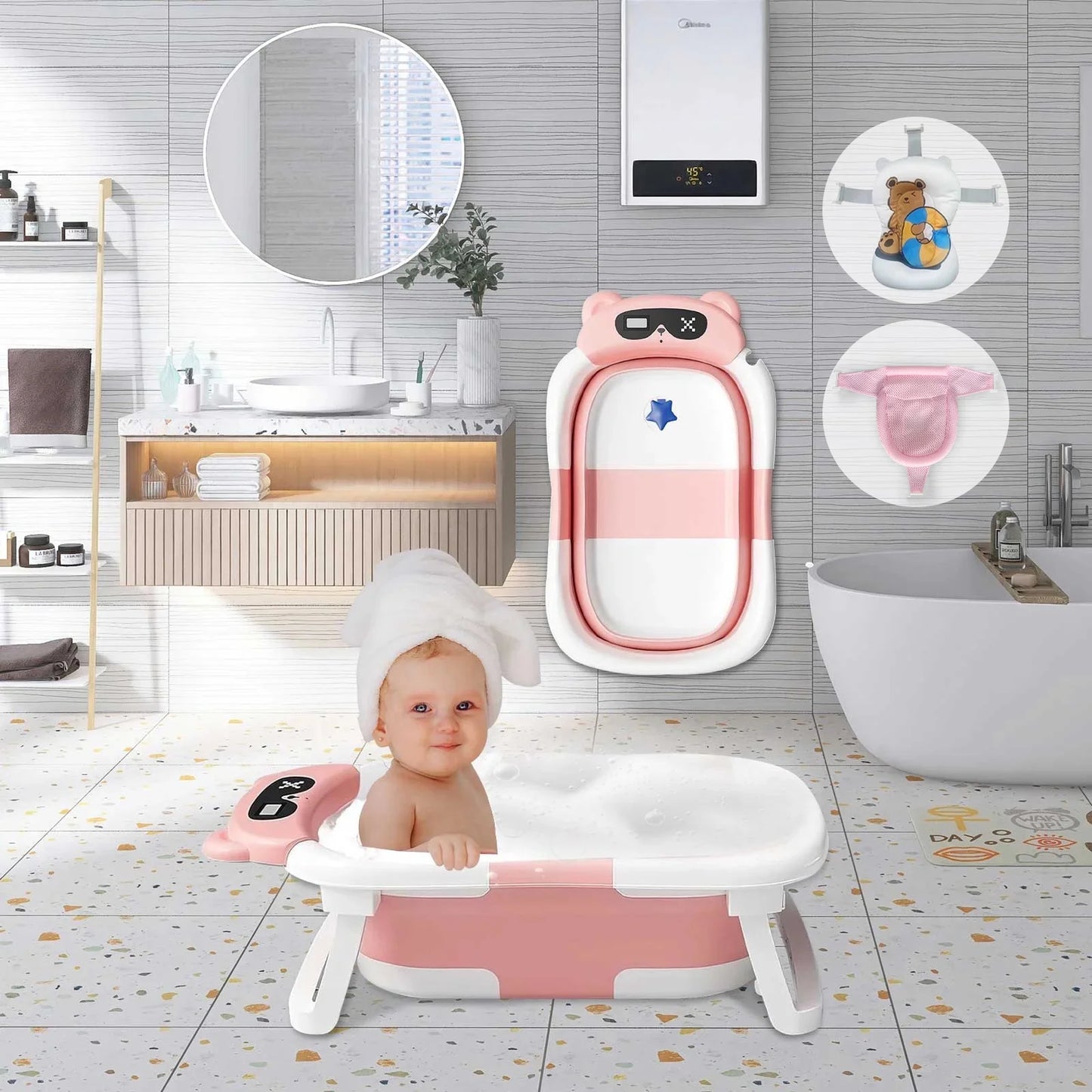 Collapsible Baby Bathtub, Plastic Baby Bath Tub with Soft Cushion & Thermometer（Pink）