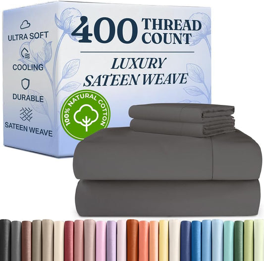 400 Thread Count Cotton Sheet Set - King Size 100% Cotton Sheets - Easily Fits 8" to 16" Mattress - Silky-Soft, Wrinkle Free, Breathable & Comfy - Deep Pockets & Hotel Quality Bedding Set - Dark Grey