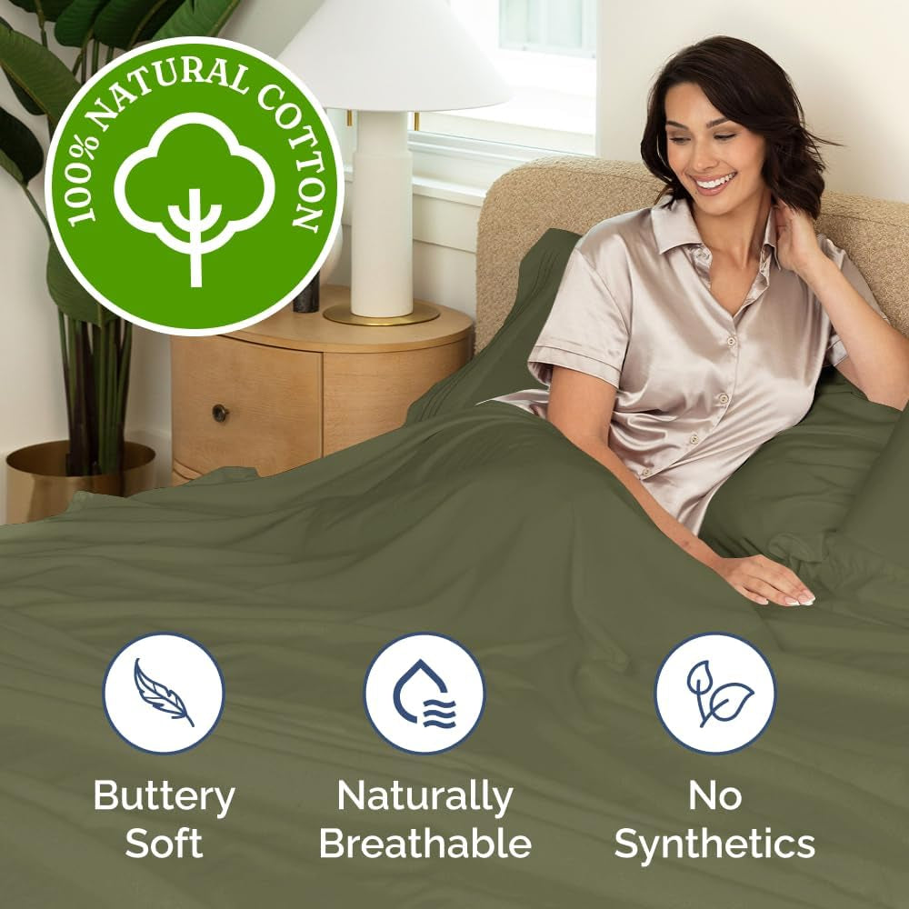 400 Thread Count Cotton Sheet Set - Cal King Size 100% Cotton Sheets - Easily Fits 8" to 16" Mattress - Silky-Soft, Wrinkle Free & Comfortable - Deep Pockets & Hotel Quality Bedding Set - Sage Green