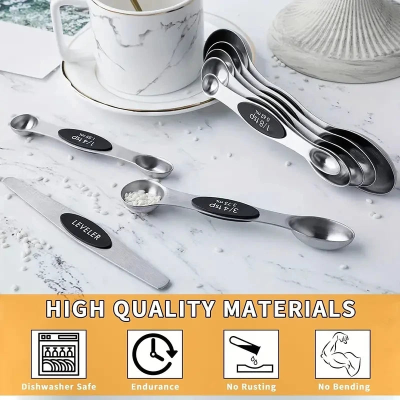 1 Set of High-Quality Stainless Steel Measuring Spoons, Including 8 Double-Sided Magnetic Measuring Spoons and 1 Level, for Dryi