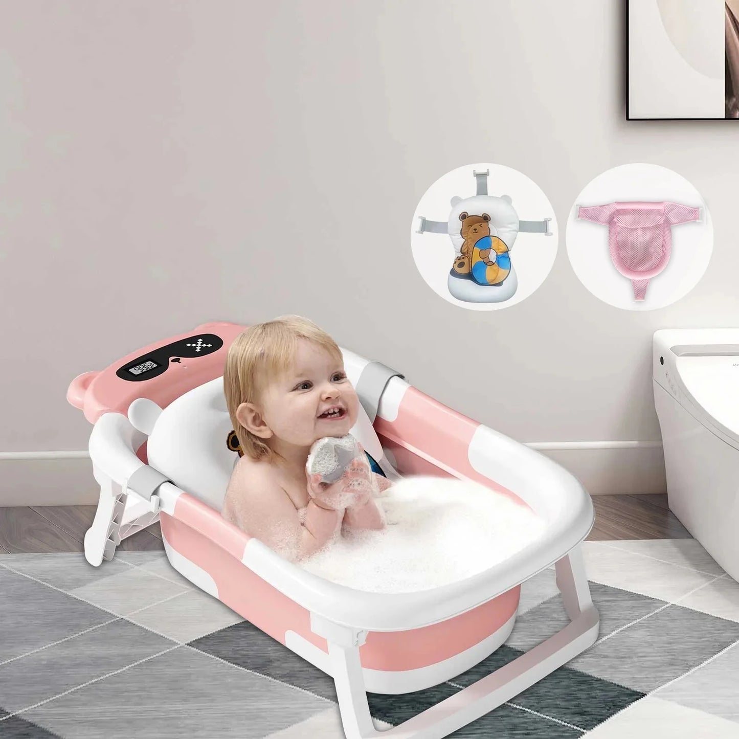 Collapsible Baby Bathtub, Plastic Baby Bath Tub with Soft Cushion & Thermometer（Pink）