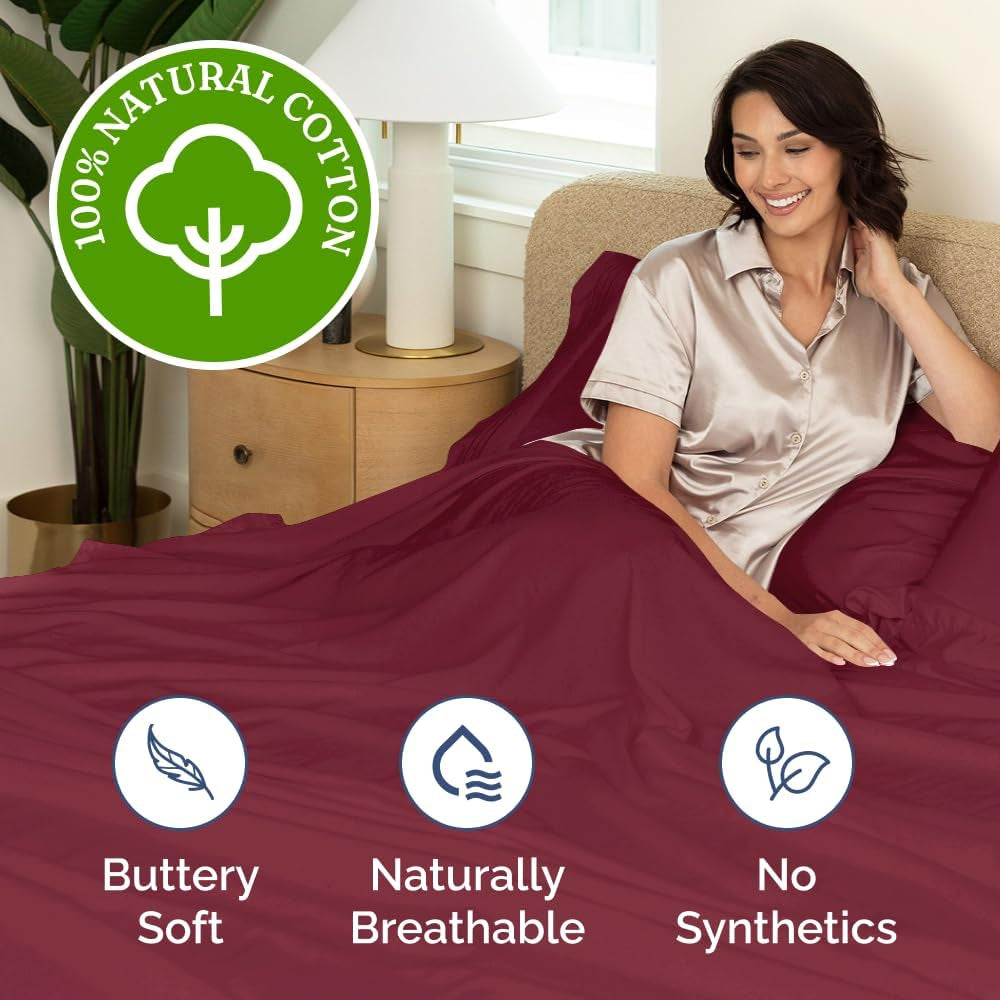 400 Thread Count Cotton Sheet Set - Queen Size 100% Cotton Sheets - Easily Fits 8" to 16" Mattress - Silky-Soft, Wrinkle Free, Breathable & Comfy - Deep Pockets & Hotel Quality Bedding Set - Burgundy