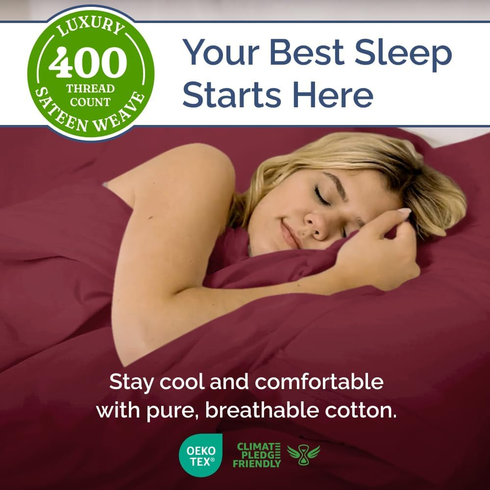 400 Thread Count Cotton Sheet Set - Queen Size 100% Cotton Sheets - Easily Fits 8" to 16" Mattress - Silky-Soft, Wrinkle Free, Breathable & Comfy - Deep Pockets & Hotel Quality Bedding Set - Burgundy
