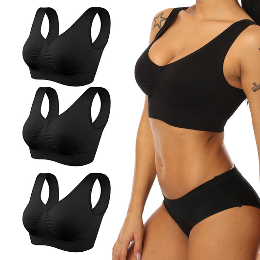 3 Pack Sports Bras for Women,Seamless Comfortable Bras Set with Removable Pads for Sleep,Pull on Closure,Black,L