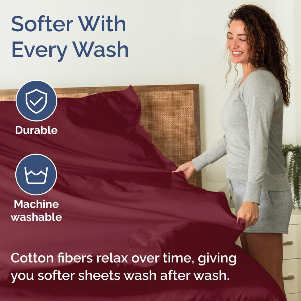 400 Thread Count Cotton Sheet Set - Queen Size 100% Cotton Sheets - Easily Fits 8" to 16" Mattress - Silky-Soft, Wrinkle Free, Breathable & Comfy - Deep Pockets & Hotel Quality Bedding Set - Burgundy