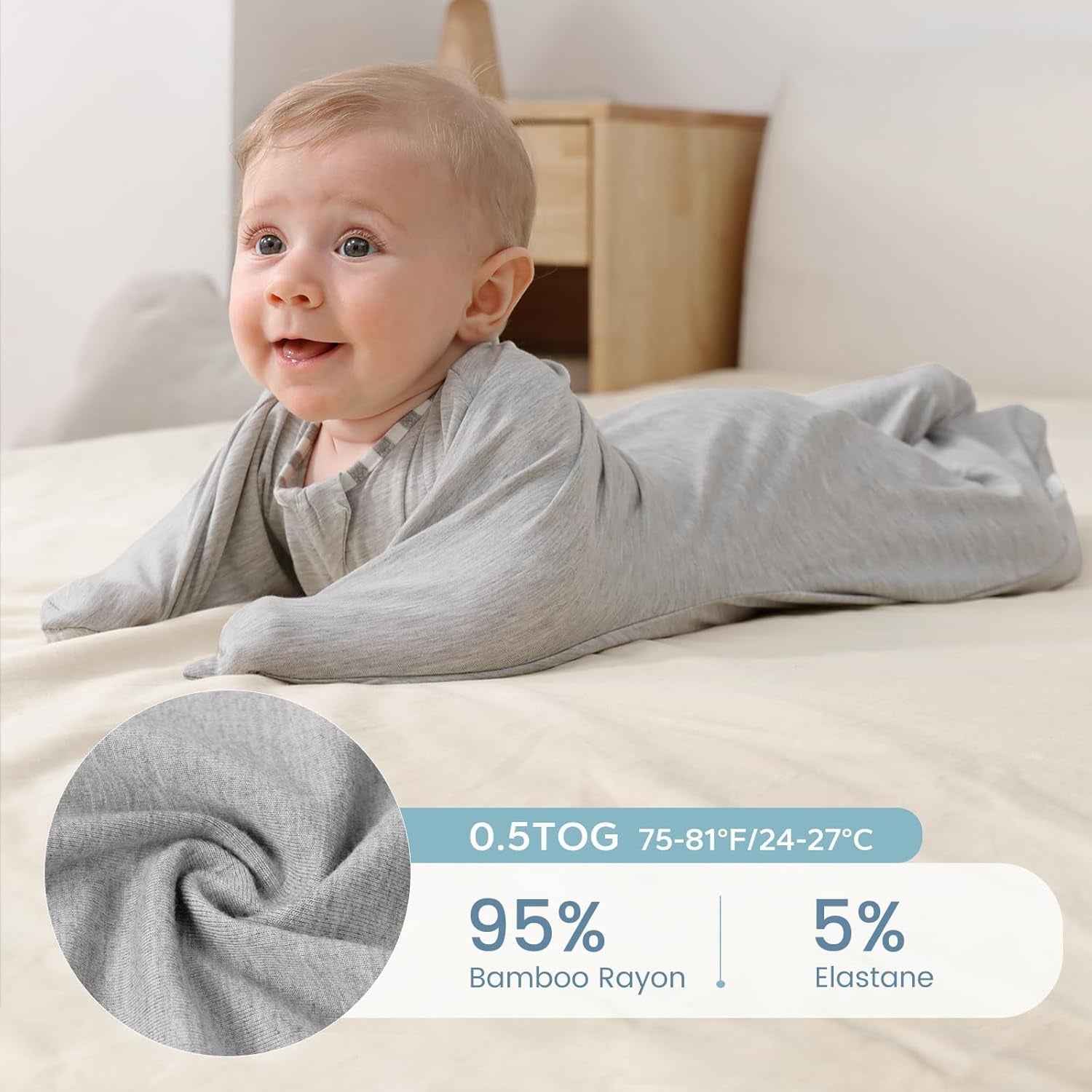 Shark-Fin Transition Swaddle - 0.5 Tog Rayon Made from Bamboo Sleep Sack Transitional Swaddle Sack Baby Wearable Blanket with 2-Way Zipper, Hemp Grey, 3-6 Months