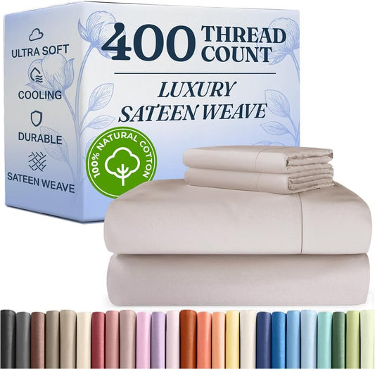 400 Thread Count Cotton Sheet Set - King Size 100% Cotton Sheets - Easily Fits 8" to 16" Mattress - Silky-Soft, Wrinkle Free, Breathable & Comfy - Deep Pockets & Hotel Quality Bedding Set - Light Grey