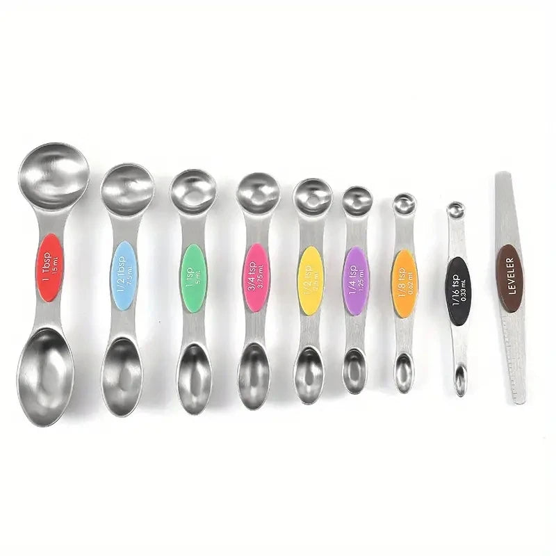 1 Set of High-Quality Stainless Steel Measuring Spoons, Including 8 Double-Sided Magnetic Measuring Spoons and 1 Level, for Dryi