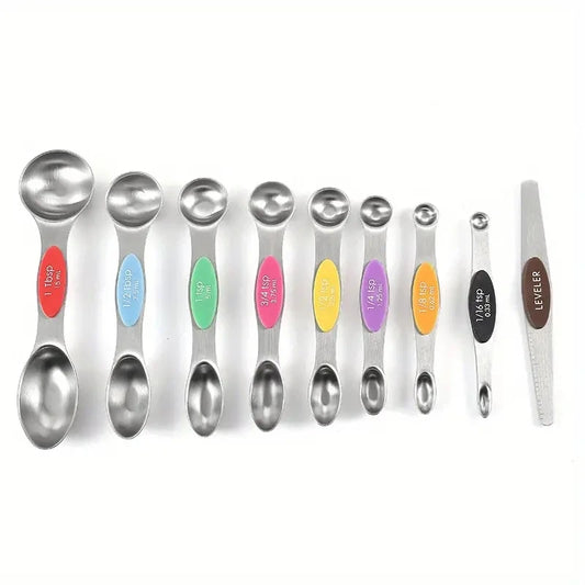 1 Set of High-Quality Stainless Steel Measuring Spoons, Including 8 Double-Sided Magnetic Measuring Spoons and 1 Level, for Dryi