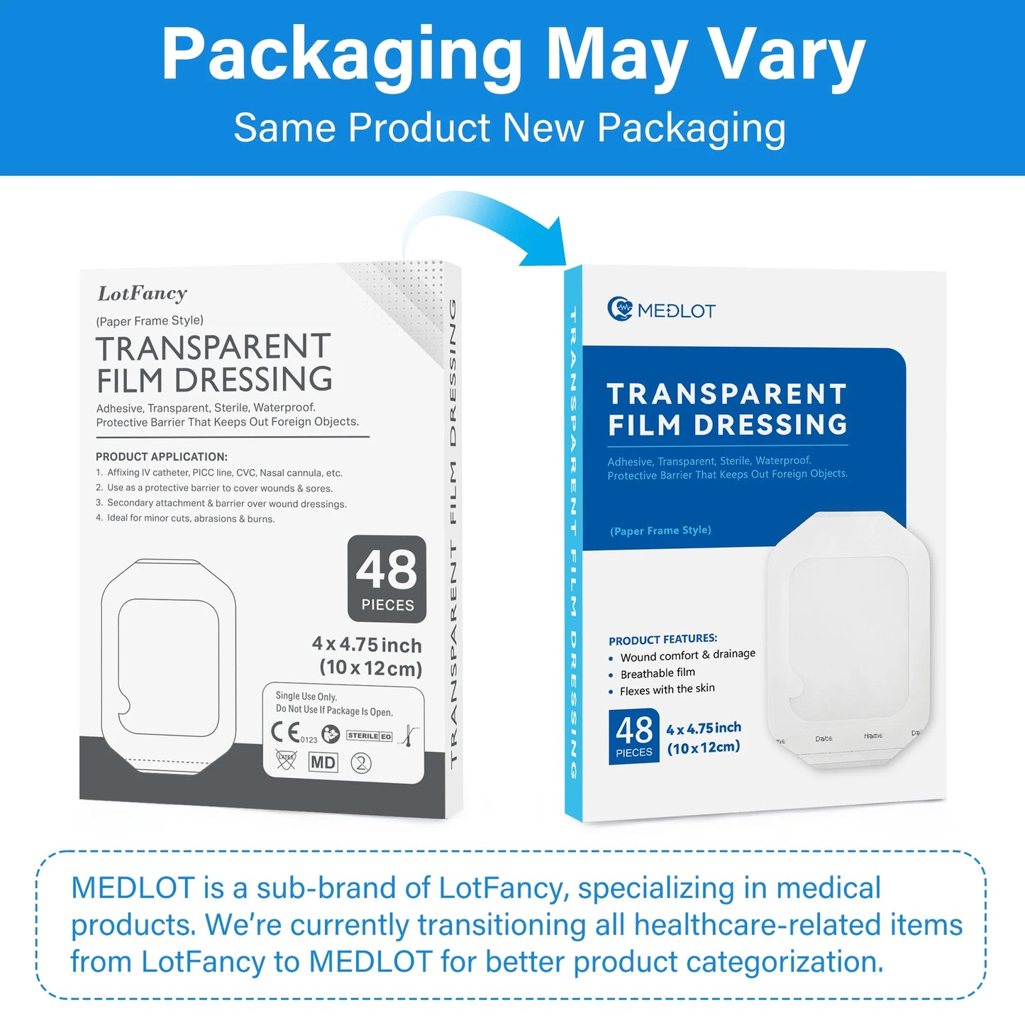 Transparent Film Dressing, 4X4 3/4 In, 48 Count, Waterproof Adhesive Wound Bandage Tape