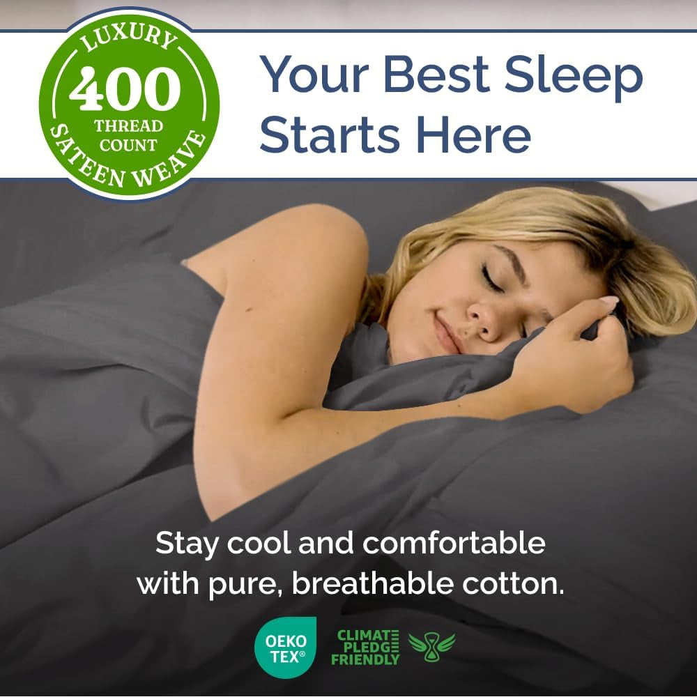 400 Thread Count Cotton Sheet Set - King Size 100% Cotton Sheets - Easily Fits 8" to 16" Mattress - Silky-Soft, Wrinkle Free, Breathable & Comfy - Deep Pockets & Hotel Quality Bedding Set - Dark Grey
