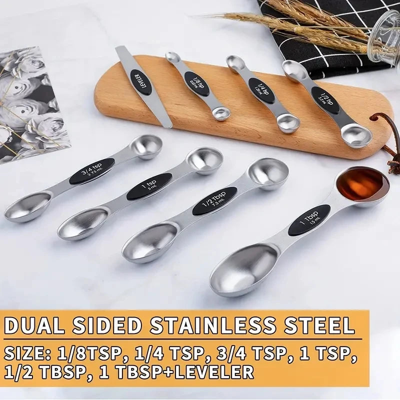 1 Set of High-Quality Stainless Steel Measuring Spoons, Including 8 Double-Sided Magnetic Measuring Spoons and 1 Level, for Dryi