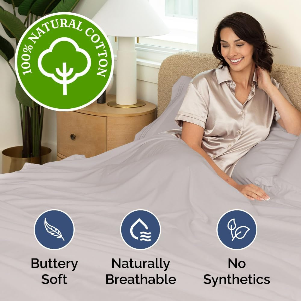 400 Thread Count Cotton Sheet Set - King Size 100% Cotton Sheets - Easily Fits 8" to 16" Mattress - Silky-Soft, Wrinkle Free, Breathable & Comfy - Deep Pockets & Hotel Quality Bedding Set - Light Grey