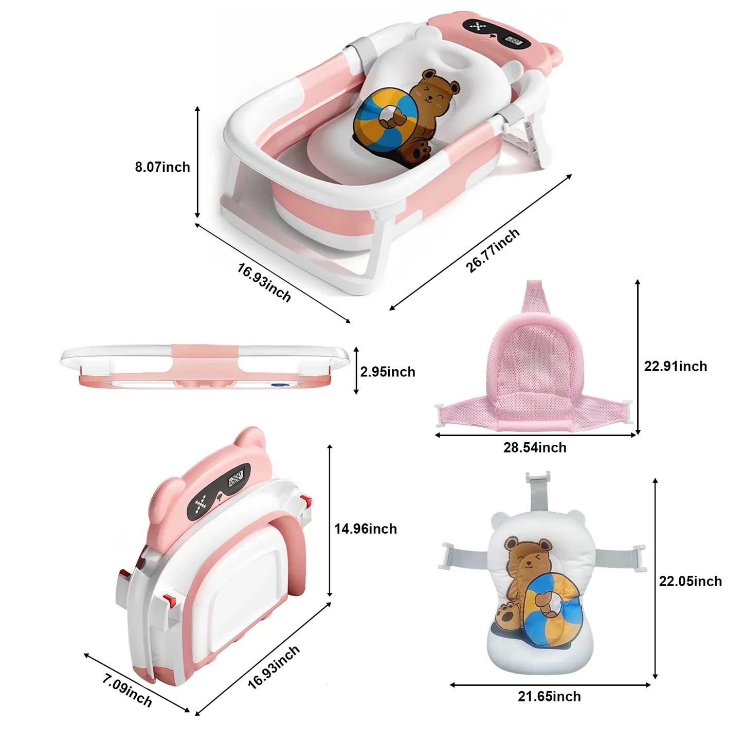 Collapsible Baby Bathtub, Plastic Baby Bath Tub with Soft Cushion & Thermometer（Pink）