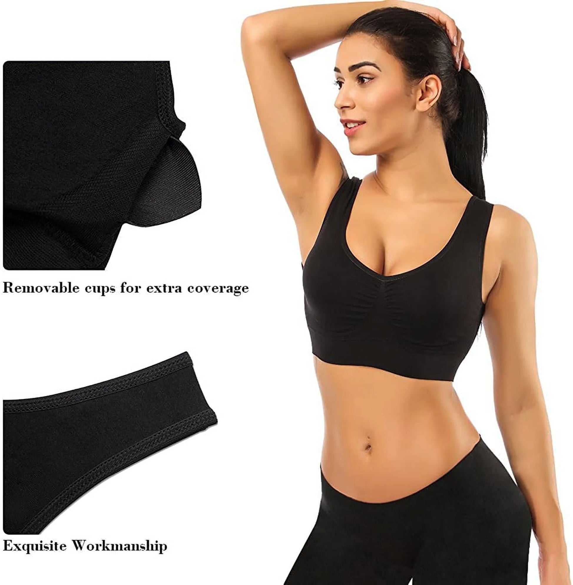 3 Pack Sports Bras for Women,Seamless Comfortable Bras Set with Removable Pads for Sleep,Pull on Closure,Black,L