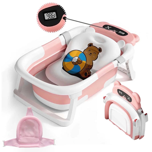 Collapsible Baby Bathtub, Plastic Baby Bath Tub with Soft Cushion & Thermometer（Pink）