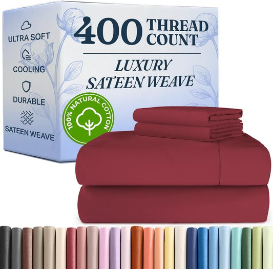 400 Thread Count Cotton Sheet Set - Queen Size 100% Cotton Sheets - Easily Fits 8" to 16" Mattress - Silky-Soft, Wrinkle Free, Breathable & Comfy - Deep Pockets & Hotel Quality Bedding Set - Burgundy